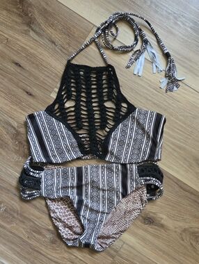 Acacia swimwear Black and White Crochet High Neck Bikini